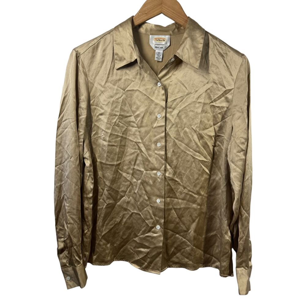 Talbots Top Women 12 Tan Pure Silk Button Up Long Sleeve Minimal Quite Luxury